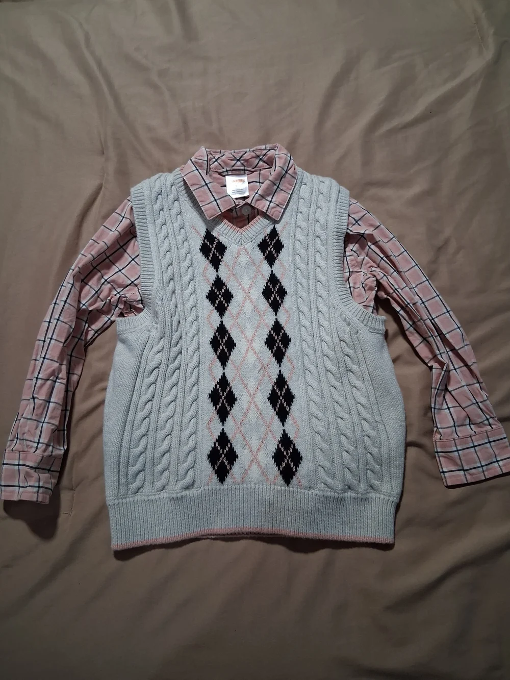 Gymboree Light Gray Argyle Cable Knit V-Neck Sweater Vest Pink Plaid Shirt 4T